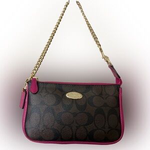 Coach Brown and Pink Wristlet with Gold Chain# F64234( NWOT)